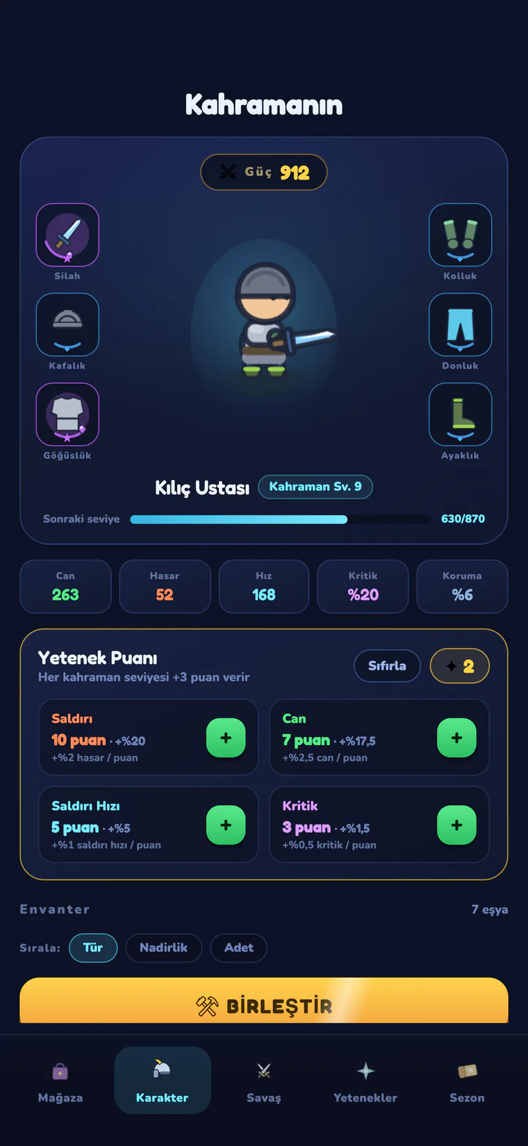 Kahraman ekranı: ekipman yuvaları, istatistikler ve yetenek puanları