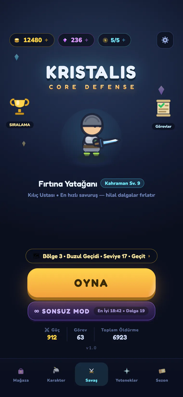 Kristalis ana menüsü: Oyna ve Sonsuz mod